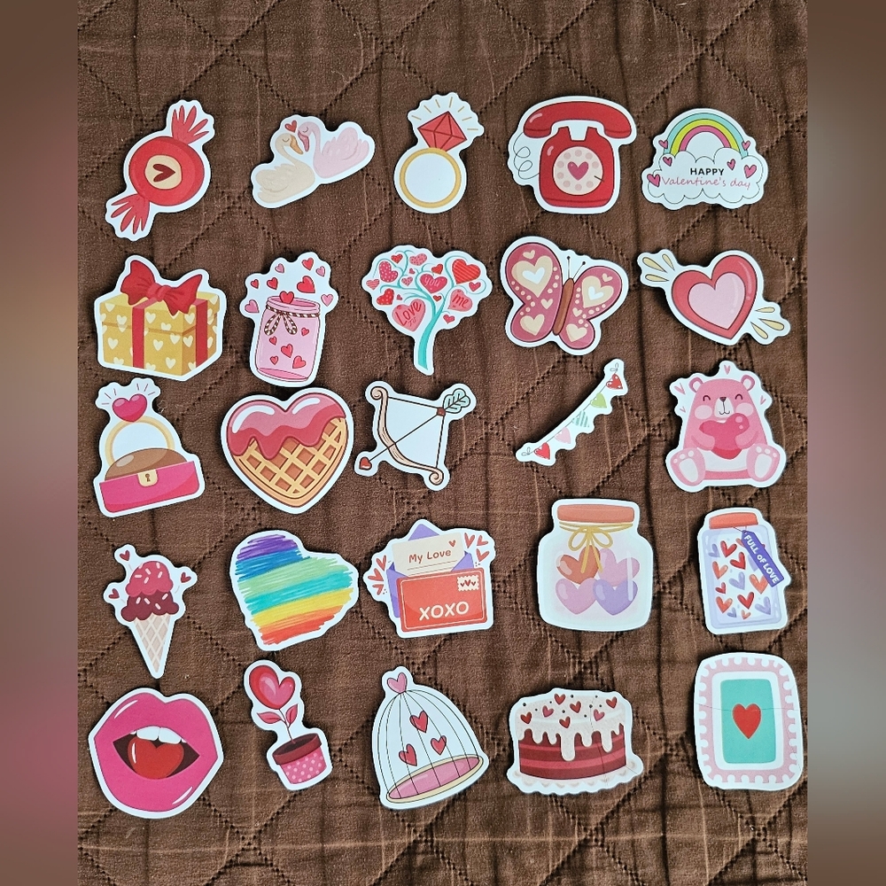 Heart themed stickers, 25pc, Journaling and stationary, arts and crafts